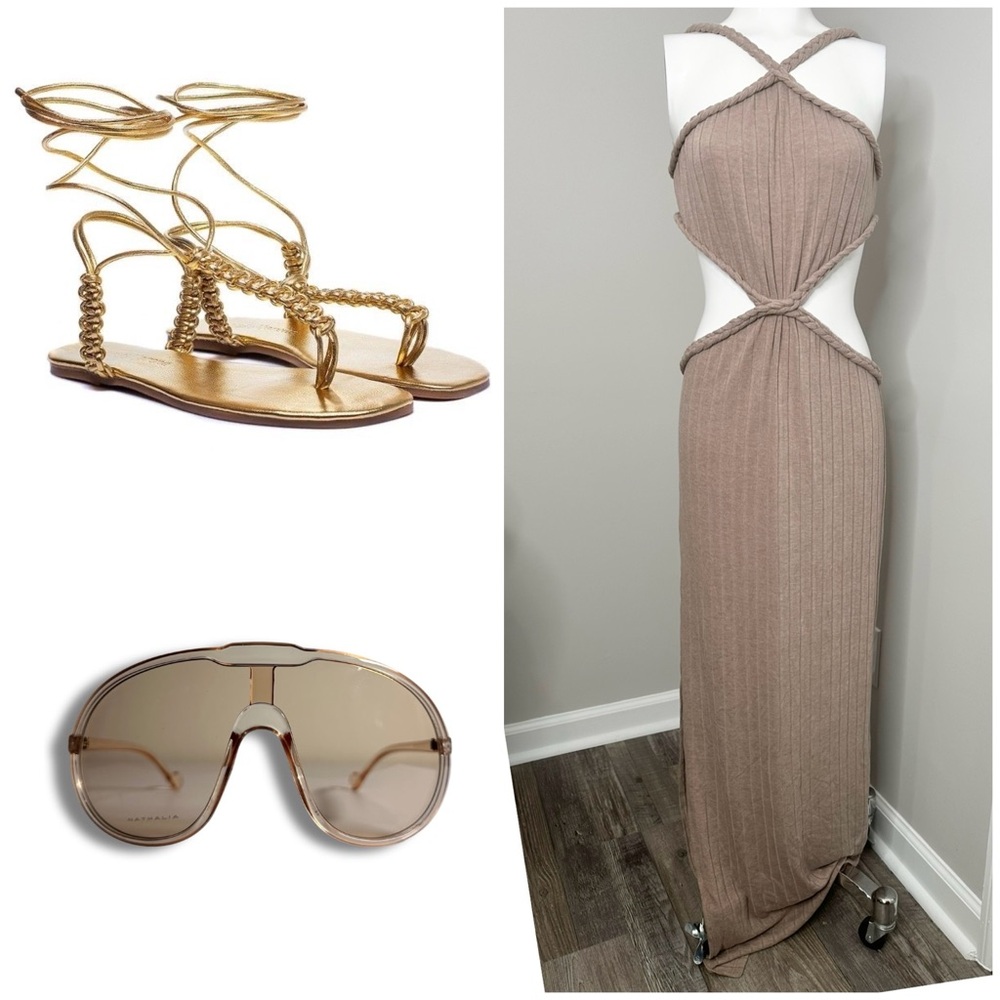 TAUPE CUT OUT  KNITTED MAXI DRESS- PRELOVED-LARGE